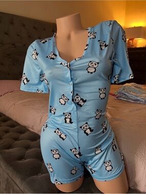 Women’s Light Blue Panda Print Short Romper - Sleepwear